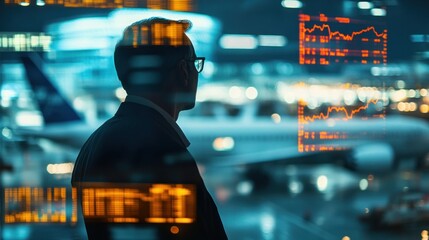 A businessperson gazes out at an airport, overlaid with financial data and graphs.