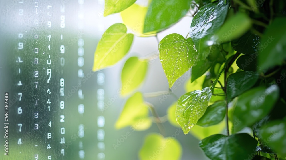 Poster a blend of nature and technology, featuring leaves and digital code.