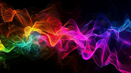 Fototapeta premium Abstract colorful wave pattern on black background. Vibrant, dynamic curves creating a flowing, energetic monochromatic design.