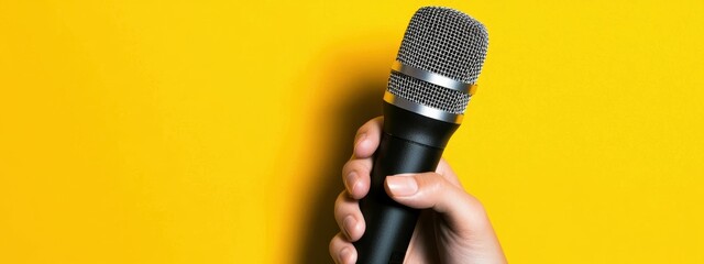 Hand gripping a professional microphone, set against a bright yellow background, representing live performance