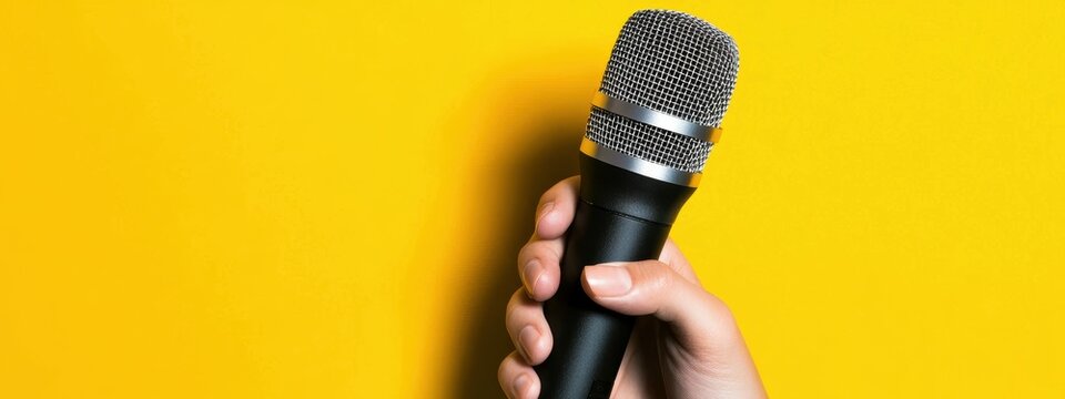 Hand gripping a professional microphone, set against a bright yellow background, representing live performance