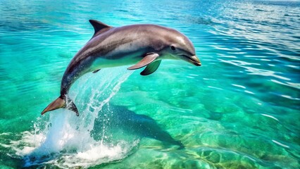 Adorable dolphin leaping from the surface in a splash of sparkling turquoise water