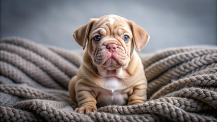 Adorable micro bully puppy with wrinkly face and playful expression sitting on a cozy blanket