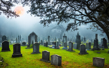 Naklejka premium Haunted Cemetery Create a spooky graveyard with tombstones, mist, ghost specter and lurking spirits and horror trees