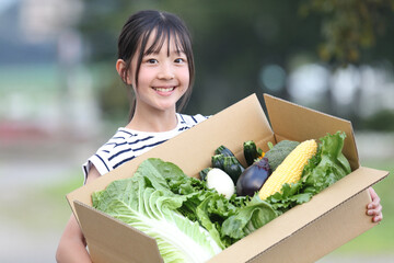 ダンボールに詰め合わせたたくさんの野菜を持つ女性
