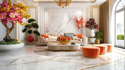 Living room with a lot of colorful flowers pink yellow bonsai and green leaves and white marble and gold line nature floor perfection luxurious
