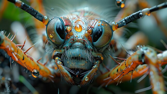 Macro Photography of a Colorful Insect with Water Drops