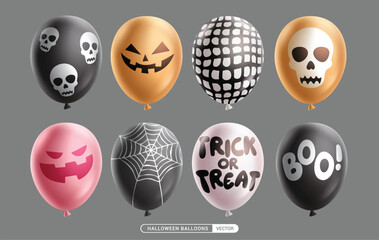 Halloween balloons vector set design. Balloons Halloween inflatable collection with creepy face, skittish print and scary decoration elements. Vector illustration horror balloon design. 
