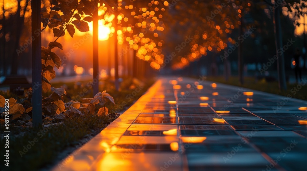 Poster A serene sunset illuminating a tree-lined walkway with reflective tiles.