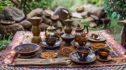 Fototapeta premium Artfully Arranged Assortment of Traditional Teaware and Snacks in Serene Garden Setting