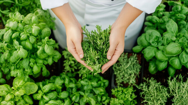 Fresh herbs are being carefully selected by chefs hands, showcasing variety of vibrant greens. lush greenery evokes sense of freshness and culinary creativity