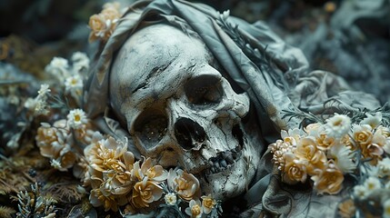 A Skull Adorned with Flowers: A Dark and Surreal Still Life