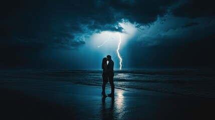A couple embraces on the beach during a dramatic lightning storm at night.