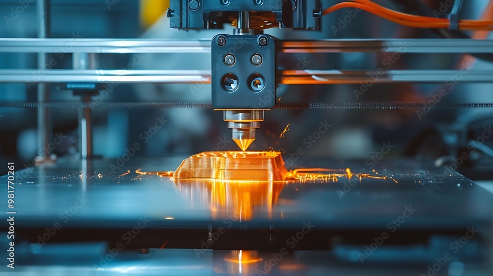 Poster close-up of a 3d printer in operation, creating an object layer by layer. the hot filament is visibl