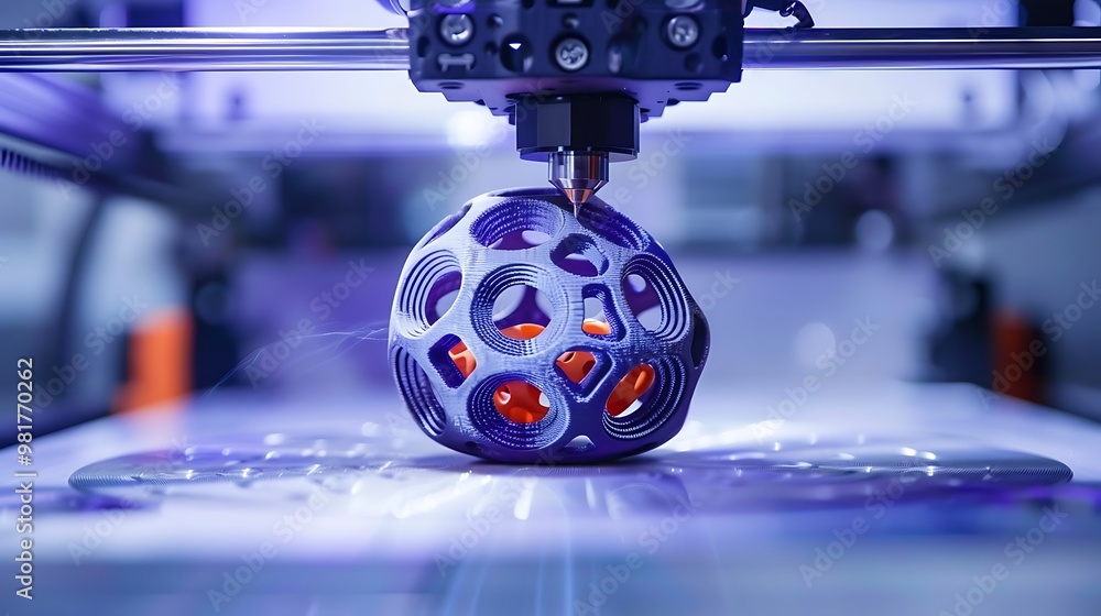 Poster close-up shot of a 3d printer in action, creating a spherical object with intricate details.