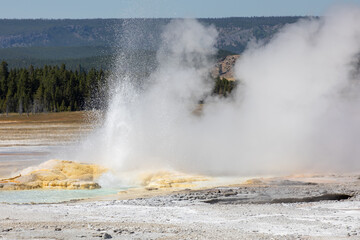 Landscape photograph of fountain morning geyser on the Fountain Paint Pot Trail at Yellowstone national park in Wyoming.