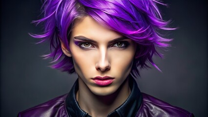 Androgynous model with vibrant purple hair and intense gaze, highlighting gender fluidity and self-expression.