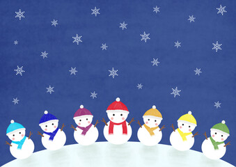 カラフル雪だるまと雪の結晶の背景イラスト