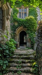 Fototapeta premium Ivy-covered doorway of old stone house entrance