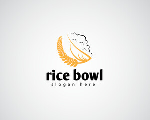 creative rice that forms a bowl with a pile of rice on top with a line concept logo