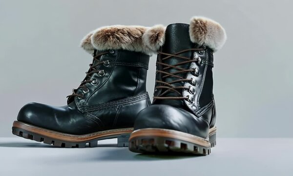 Pair of leather boots with fur trim on white background, Video