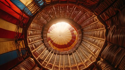 View from inside a hot air balloon showcasing vibrant colors and structure.