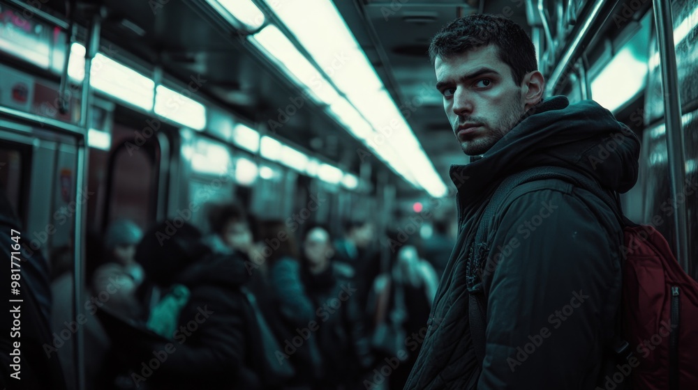 Canvas Prints A man in a subway car looks back at the camera, surrounded by other commuters.