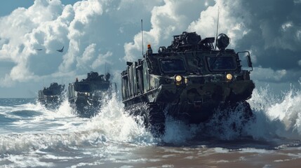 Military amphibious vehicles launching from the sea for strategic operations and training exercises