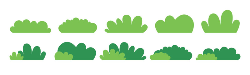 Set of bush vector illustration on a white background. Green flat bush on white background. Green grass vector set. Shrub bush shrubbery tree simple abstract. Eco element, foliage, stylized ecology.