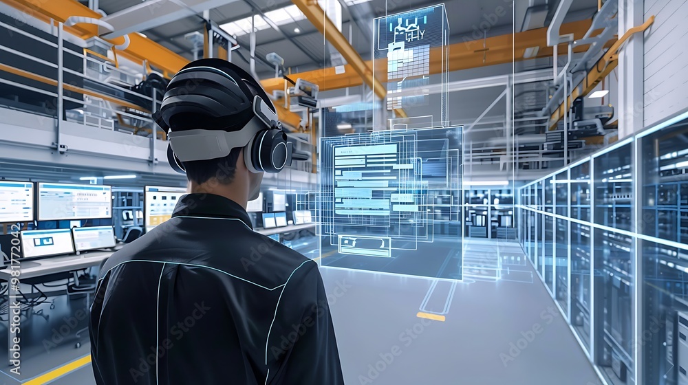 Poster industrial worker wearing a virtual reality headset, interacting with digital data and automation sy