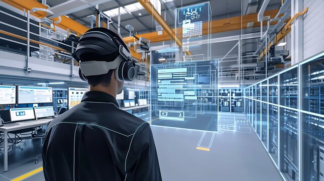 Industrial worker wearing a virtual reality headset, interacting with digital data and automation systems within a factory setting
