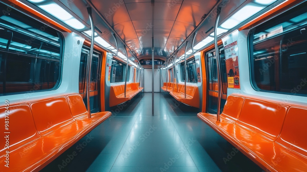 Canvas Prints A modern subway interior with vibrant orange seating and sleek design.