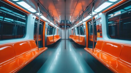 Fototapeta premium A modern subway interior with vibrant orange seating and sleek design.