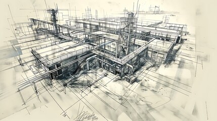 Industrial building modern industrial interior sketch.