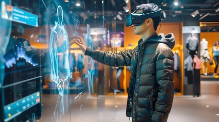 Man wearing VR glasses with interactive digital display for showcasing virtual shopping experience fashion retail innovation immersive technology and modern consumer concept.