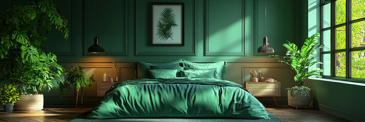 Green bedroom with large windows and plants