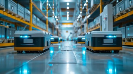 High-tech robotics in action within a large-scale manufacturing plant, seamless automation, sleek design, industrial precision