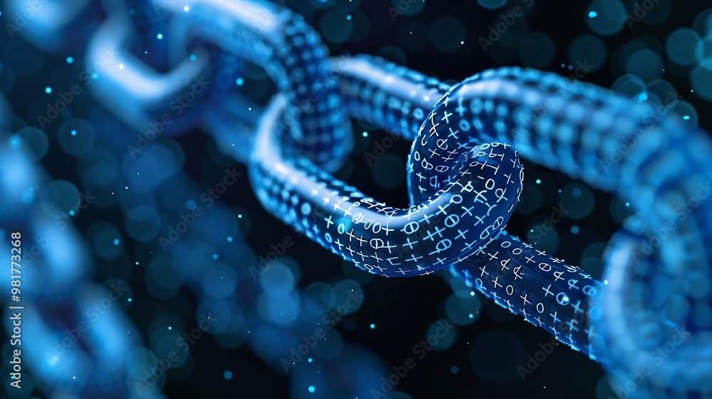 Poster close-up of a digital chain made up of binary code, representing the interconnectedness and security