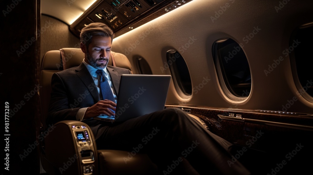 Canvas Prints A businessman working on a laptop inside a private jet.