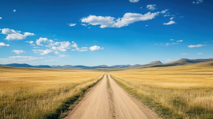 Fototapeta premium A dirt road winds through a vast open grassland with distant mountains and a bright blue sky, perfect for serene rural landscapes