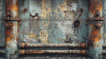 Naklejka premium Textured concrete wall, rusted steel pipes, graffiti, urban construction site