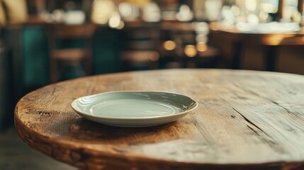 Obraz premium A white plate sits on a wooden table