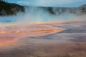Colorful vivid grand prismatic springs at Yellowstone national park steam rising from springs in Wyoming