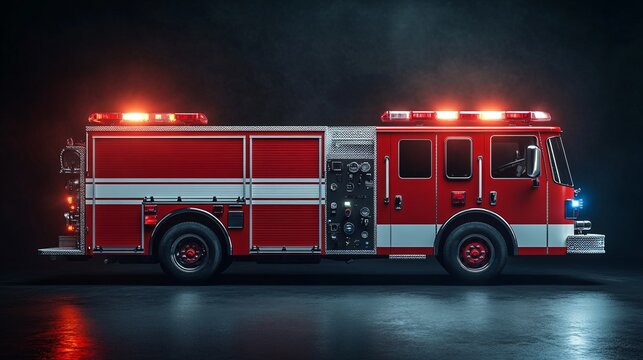 A fire truck in profile view illuminated against a dark background.