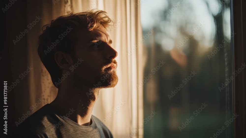 Poster a contemplative man gazes out of a window, illuminated by soft evening light.