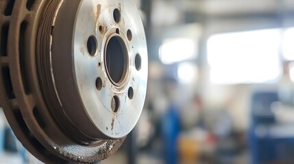 Close-up of worn brake disc with visible rust, indicating defect in vehicle maintenance, set in mechanic's workshop environment