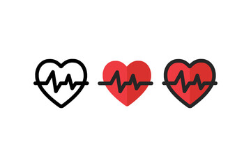 Set of heartbeat icon. Red Heart rate pulse rhythm. Healthcare concepts. Flat decorative vector design isolated illustration.