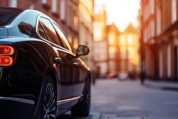 A black car is parked on a city street