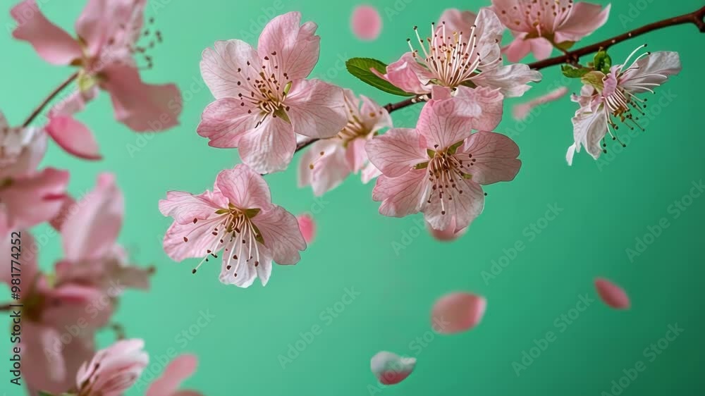 Poster branch of a blooming cherry tree is falling down on a green screen background, creating a beautiful 
