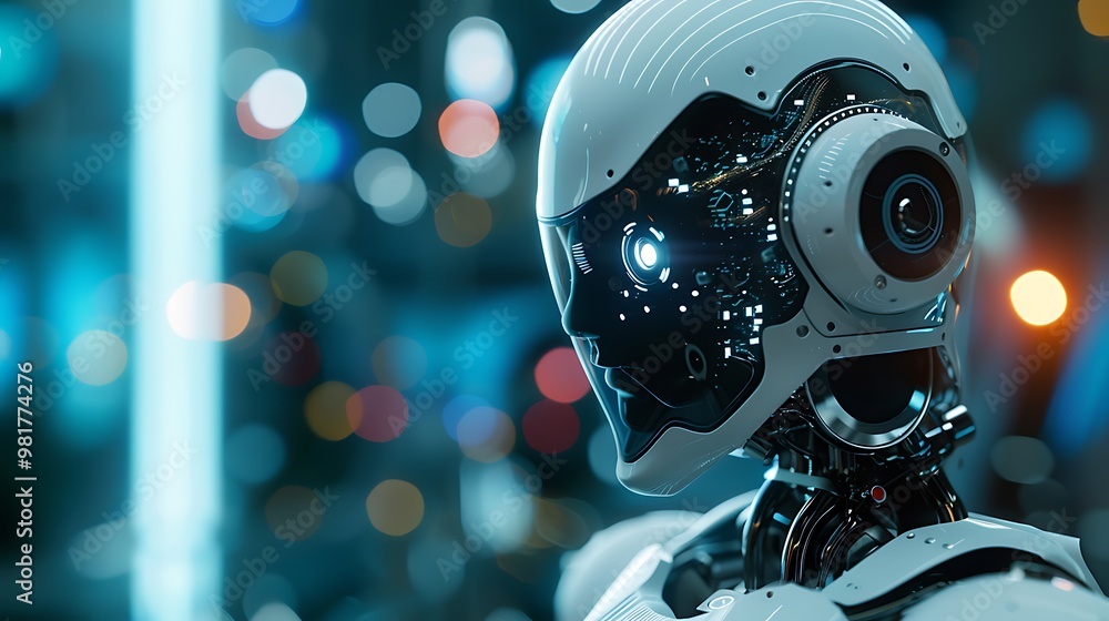 Poster close-up of a futuristic robot's head with intricate details and a camera lens for an eye. the robot